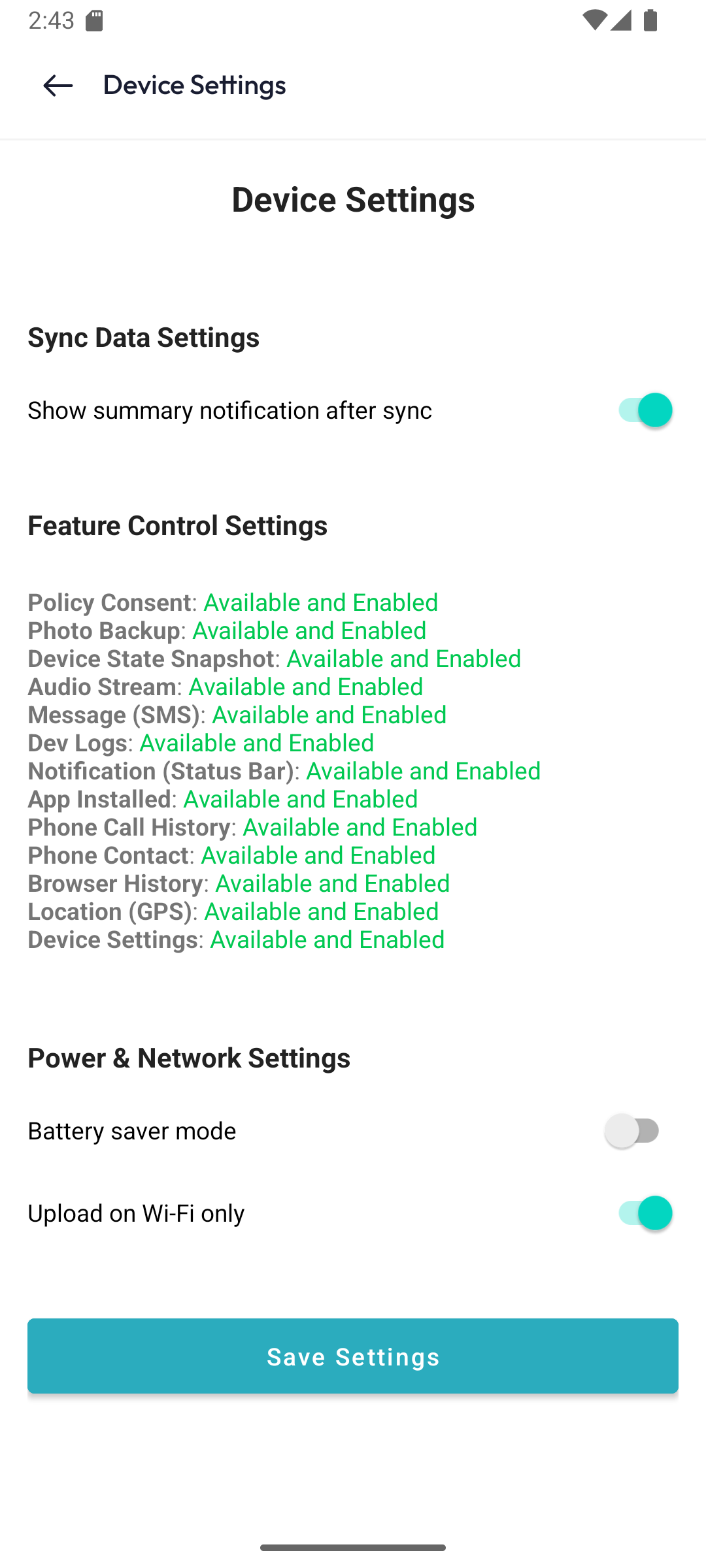 Device Settings on MyPhones app